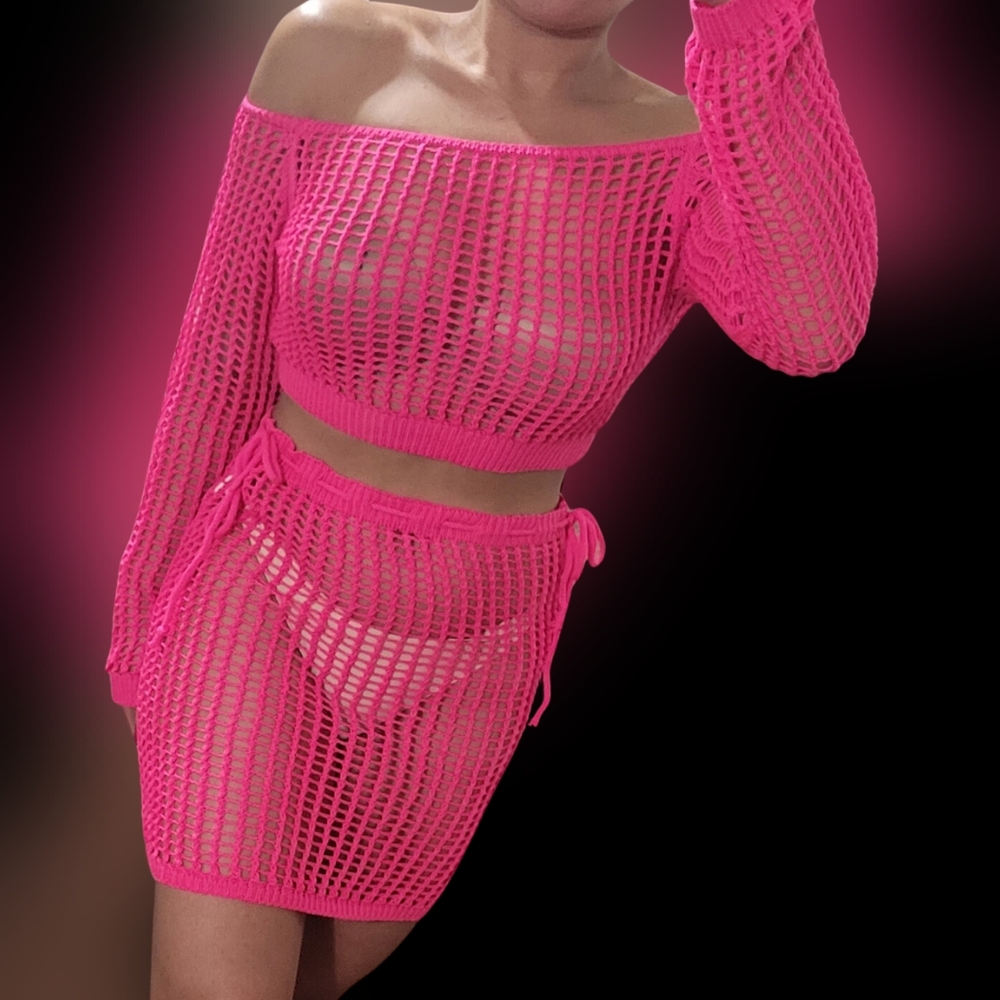 Crochet hot pink bikini cover up set